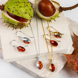 Oak Leaf Hook Earrings in Silver and Amber