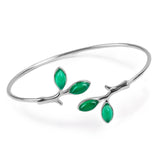 Simple Olive Leaf Branch Bangle in Silver with 24ct Gold  and Green Onyx