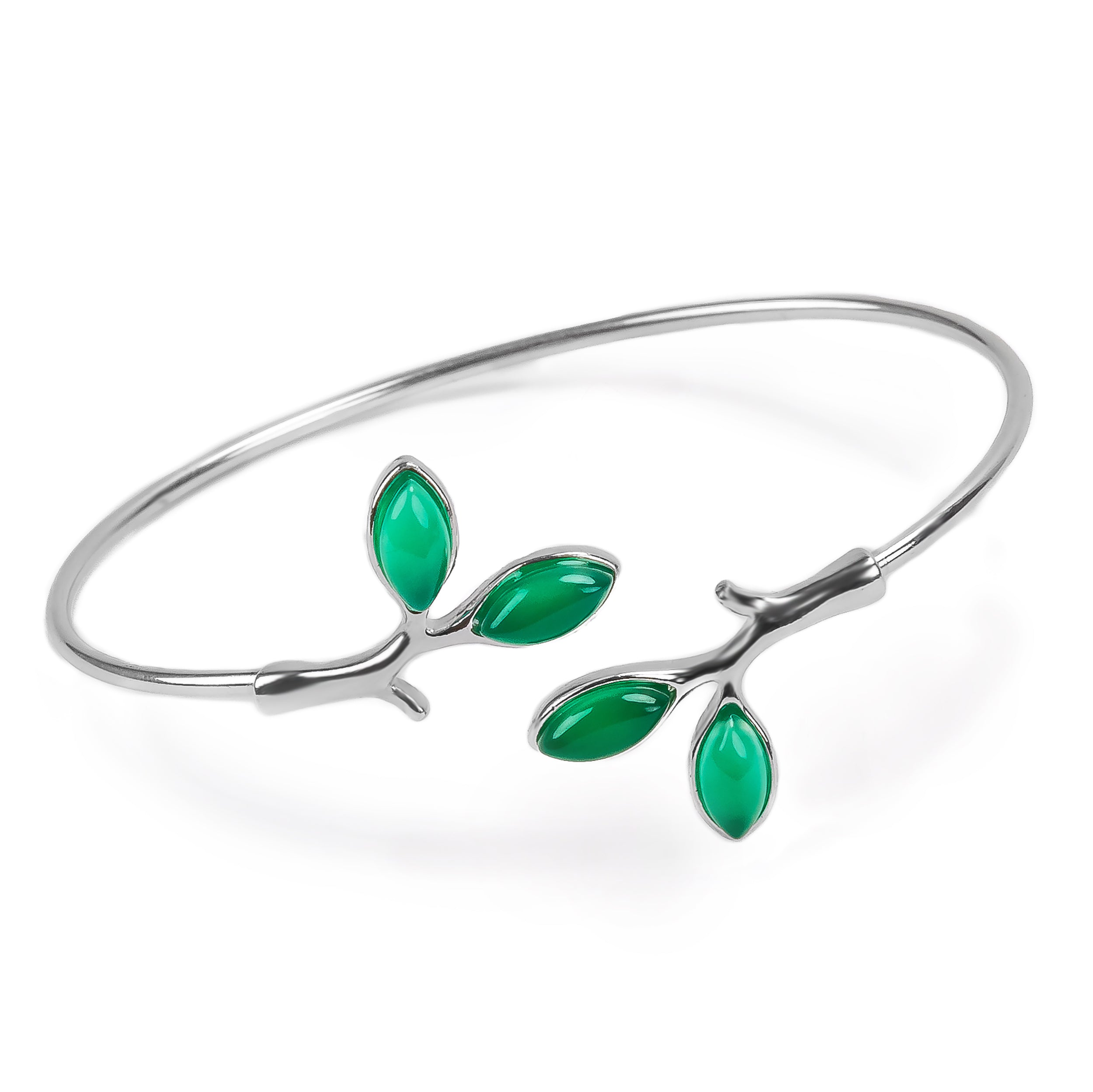 Simple Olive Leaf Branch Bangle in Silver with 24ct Gold  and Green Onyx