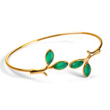 Simple Olive Leaf Branch Bangle in Silver with 24ct Gold  and Green Onyx
