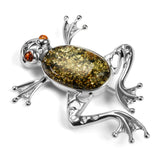 Statement Frog Brooch in Silver and Green Amber
