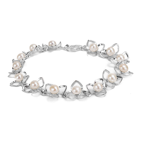 Flower Petal Bracelet in Silver & White Pearl