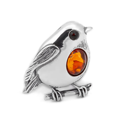 Robin Brooch in Silver and Amber
