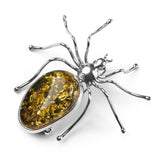 Handmade Large Spider Brooch in Silver and Green Amber