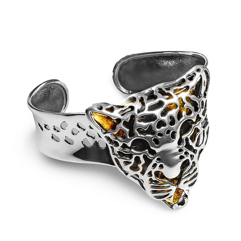 Magnificent Leopard Head Bangle in Silver and Amber