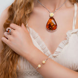 Double Ball Cuff Bangle in Silver & Milky Amber