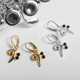 Bass Clef Music Note Drop Earrings in Silver & Black Onyx