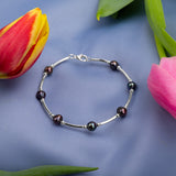 Bead Tube Bangle in Silver and Black Pearl