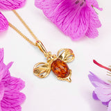 Miniature Bumble Bee Necklace in Silver with 24ct Gold & Amber