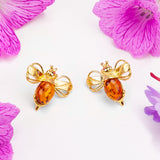 Bumblebee / Bumble Bee Stud Earrings in Silver with 24ct Gold & Amber