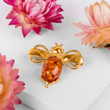 Bumble Bee / Bumblebee Brooch in Silver with 24ct Gold & Cognac Amber