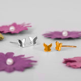 Tiny Butterfly Stud Earrings in Silver with 24ct Gold