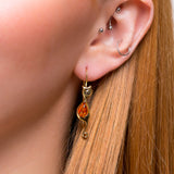 Cat Drop Earrings in Silver with 24ct Gold & Cognac & Green Amber