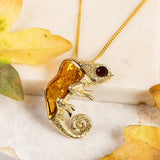 Chameleon Necklace in Sterling Silver with 24ct Gold & Amber