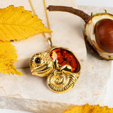 Large Chameleon Necklace in Sterling Silver with 24ct Gold & Amber