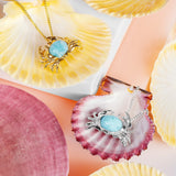 Crab Necklace in Silver with 24ct Gold & Larimar