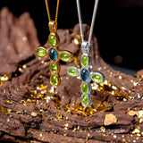 Devine Cross Necklace in Silver 24ct Gold with Peridot & London Blue Topaz