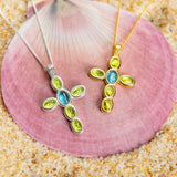 Devine Cross Necklace in Silver 24ct Gold with Peridot & London Blue Topaz