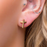 Simple Cross Stud Earrings in Silver with 24ct Gold