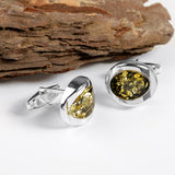 Chunky Oval Centre Cufflinks in Silver and Green Amber