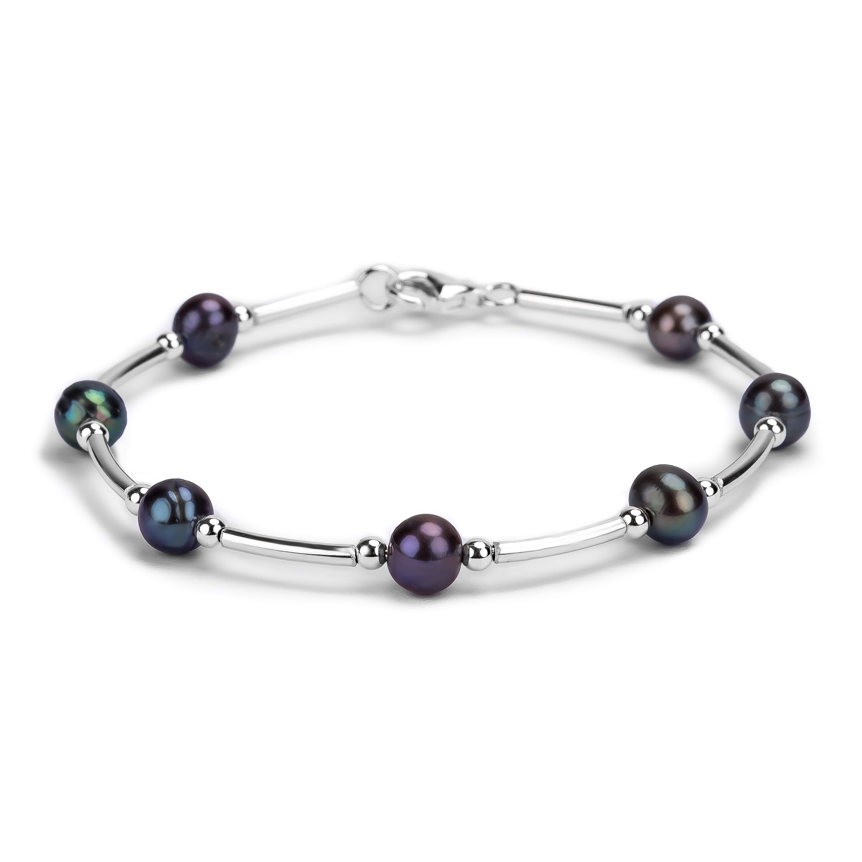 Bead Tube Bracelet / Bangle in Silver and White Pearl