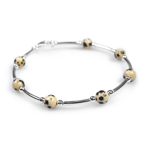 Bead Tube Bracelet in Silver and Dalmatian Jasper