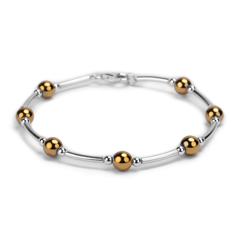 Bead Tube Bangle in Silver and Gold Hematite