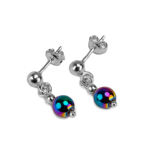 Drop Ball Earrings in Silver and Rainbow Titanium