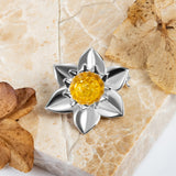 Statement Daffodil Flower Brooch in Silver and Yellow Amber