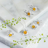 Daffodil Flower Hook Earrings in Silver and Yellow Amber