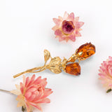Romantic English Rose Flower Brooch in Silver with 24ct Gold and Cognac Amber