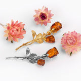 Romantic English Rose Flower Brooch in Silver with 24ct Gold and Cognac Amber