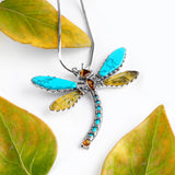 Exotic Dragonfly Necklace in Silver, Turquoise and Amber
