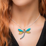 Exotic Dragonfly Necklace in Silver, Turquoise and Amber