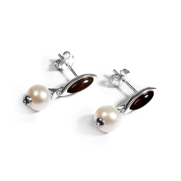Marquise Pearl Drop Earrings in Silver and Cherry Amber