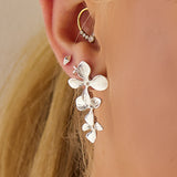 Trio of Orchids Flower Drop Earrings in Silver