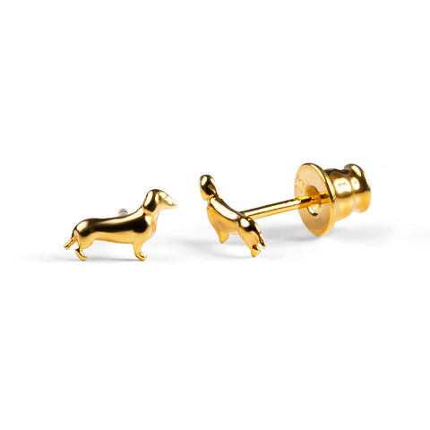 Miniature Dachshund Sausage Dog Stud Earrings in Silver with 24ct Gold