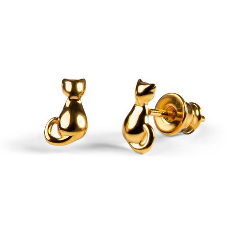 Miniature Cat Stud Earrings in Silver with 24ct Gold