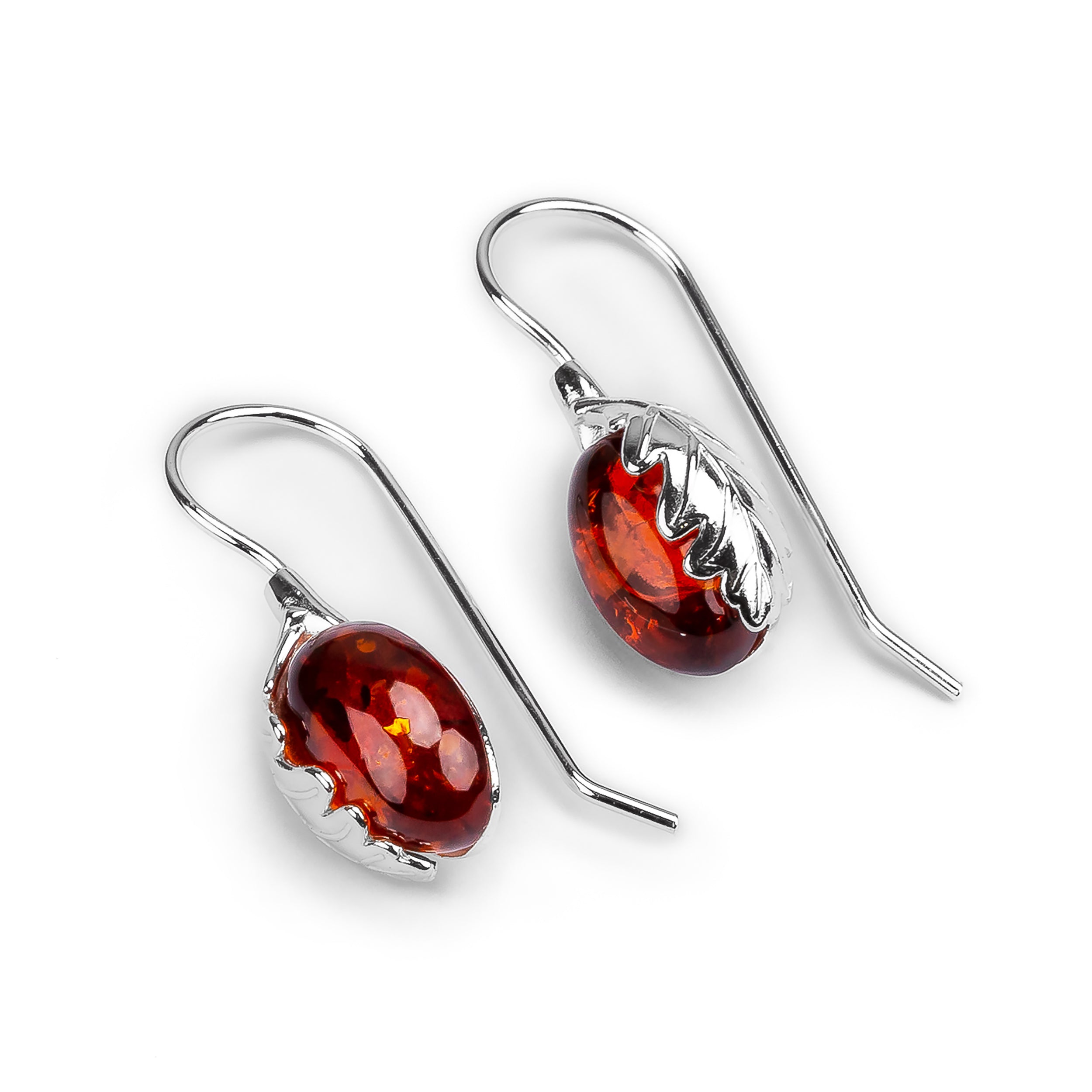 Oak Leaf Hook Earrings in Silver with 24ct Gold and Amber