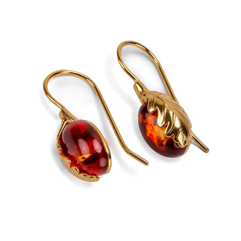 Oak Leaf Hook Earrings in Silver with 24ct Gold and Amber