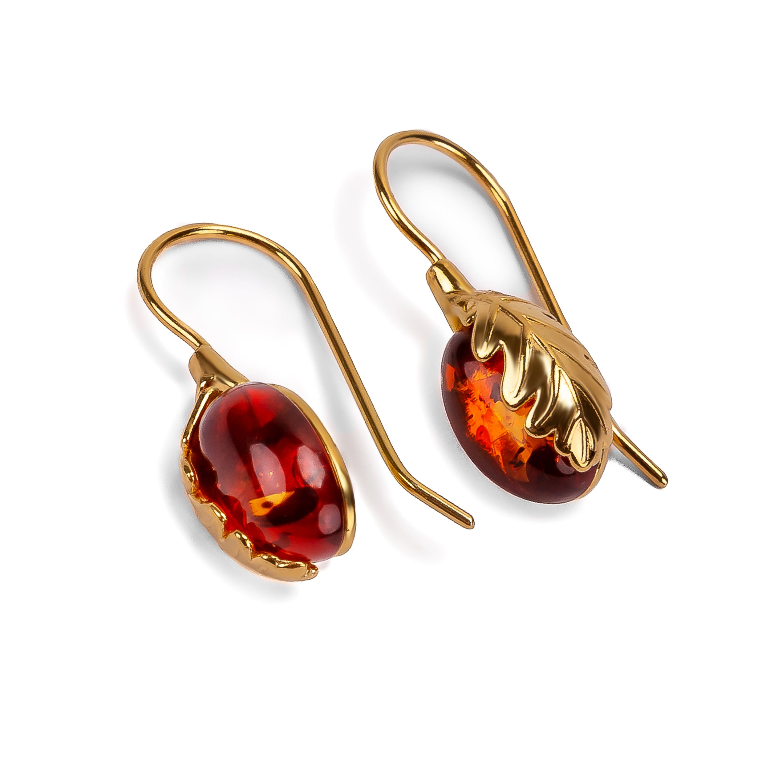 Oak Leaf Hook Earrings in Silver and Amber