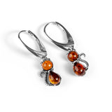 Cute Cat Drop Earrings in Silver and Cherry Amber