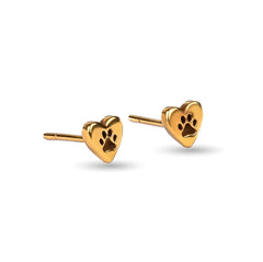 Heart Paw Print Stud Earrings in Silver with 24ct Gold