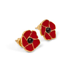 Hand-Painted Poppy Flower Stud Earrings in Silver with 24ct Gold and Amber