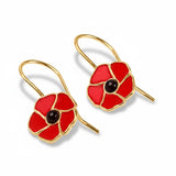 Red Poppy Flower Hook Earrings in Silver with 24ct Gold and Amber
