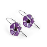 Hand-Painted Purple Poppy Drop Earrings in Silver and Amber