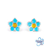 Handpainted Forget Me Not Stud Earrings in Silver and Amber