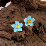 Handpainted Forget Me Not Stud Earrings in Silver and Amber