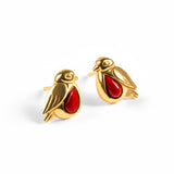 Miniature Robin Stud Earrings in Silver and Coral