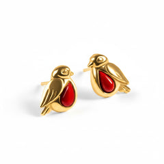 Miniature Robin Stud Earrings in Silver with 24ct Gold and Coral